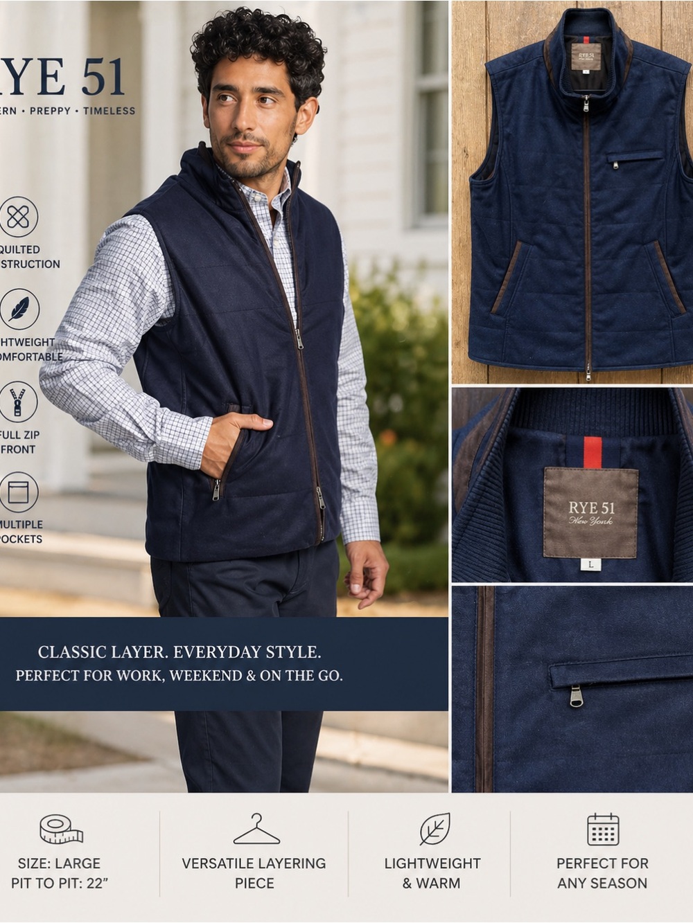 Rye 51 Quilted Vest Large Navy Zip Up Lightweight Modern Preppy Layer